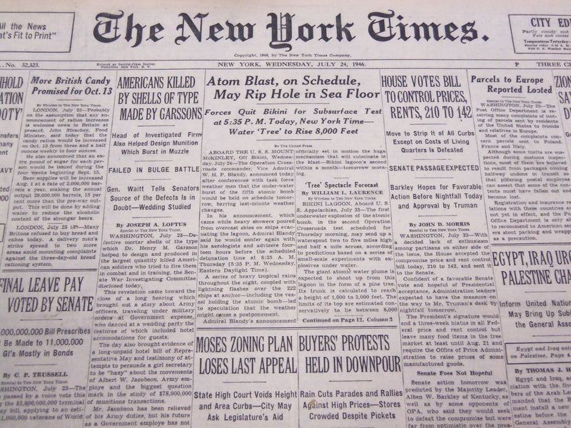 1946 JULY 24 NEW YORK TIMES - ATOM BLAST ON SCHEDULE - NT 4226