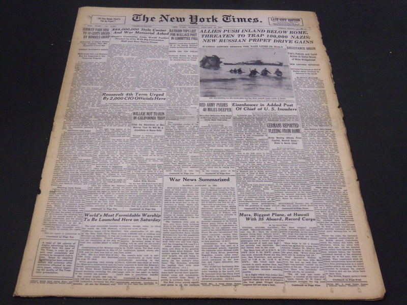 1944 JANUARY 24 NEW YORK TIMES - ALLIES PUSH INLAND BELOW ROME - NT 4314