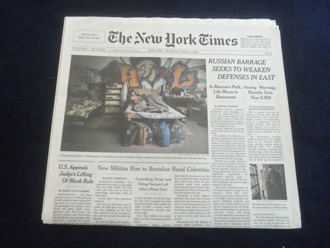 2022 APRIL 21 NEW YORK TIMES - RUSSIAN BARRAGE SEEKS TO WEAKEN DEFENSES IN EAST