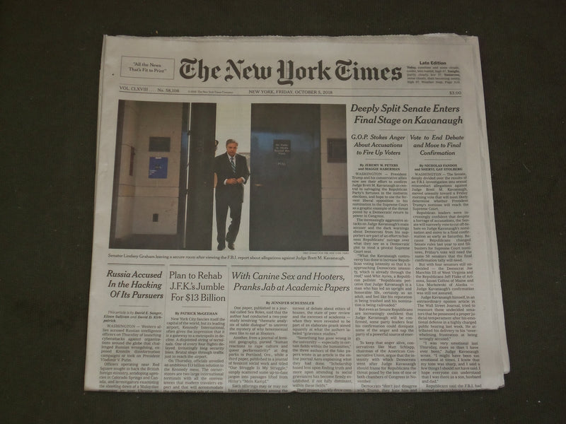 2018 OCTOBER 5 NEW YORK TIMES - SPLIT SENATE ENTERS FINAL STAGE ON KAVANAUGH