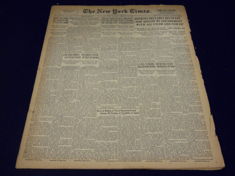 1939 FEB 25 NEW YORK TIMES - HOPKINS DECLARES RECOVERY SOUGHT BY GOV. - NT 593