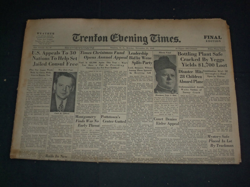 1949 NOV 21 TRENTON EVENING TIMES NEWSPAPER-U.S. APPEALS FREE ANGUS WARD-NP 3382