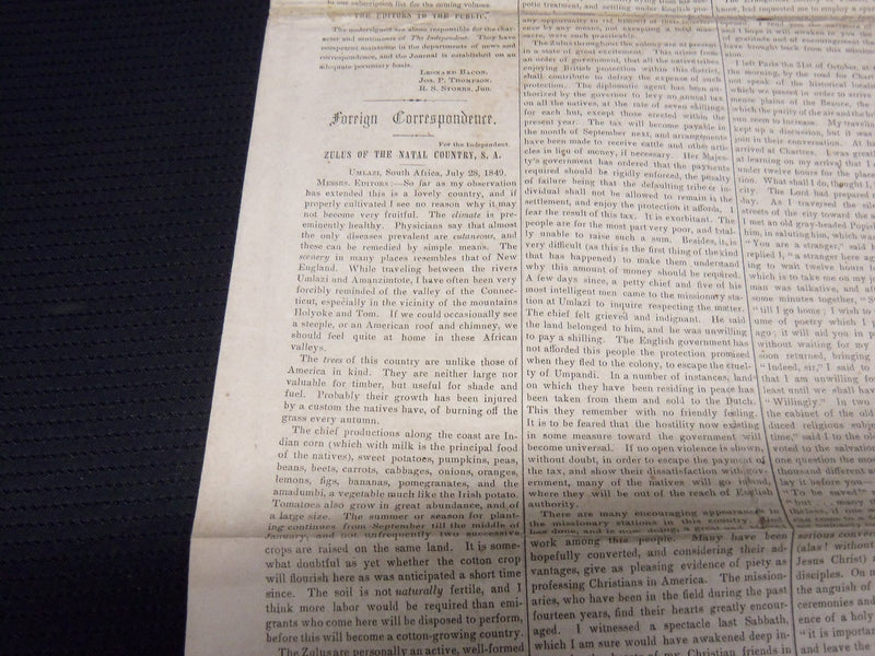 1849 DECEMBER 20 THE INDEPENDENT NEWSPAPER - ZULUS - VOLUME 1 NO. 55 - NP 3879L