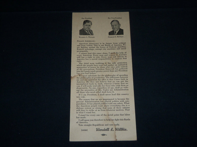 1940 PENNSYLVANIA REPUBLICAN MAILER WENDELL WILLKIE - CHARLES L. MCNARY- J 3656