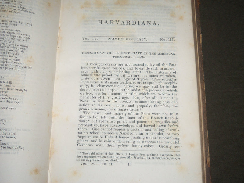 1837-1838 THE HARVARDIANA BOUND VOLUME NO. 4 - JAMES RUSSELL LOWELL - KD 4407