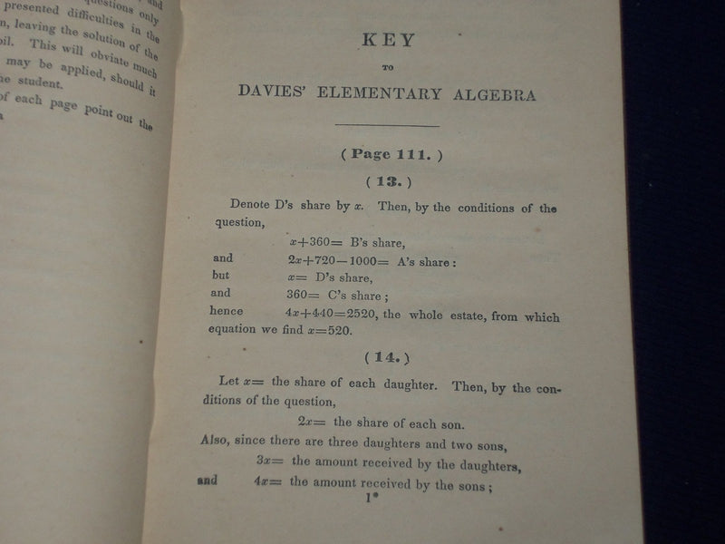 1858 A KEY TO DAVIE'S ELEMENTARY ALGEBRA BOOK - STATEMENTS & SOLUTIONS - KD 2150