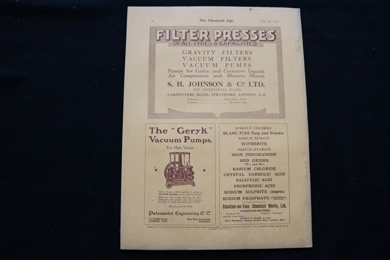 1924 JULY 19 THE CHEMICAL AGE MAGAZINE - W.J. FRASER & CO. COVER - SP 4925A