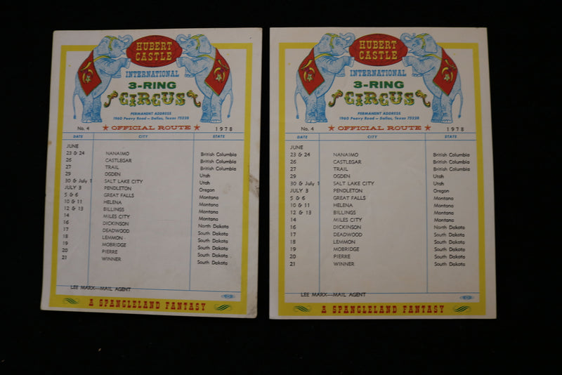 1978 HUBERT CASTLE CIRCUS OFFICIAL ROUTE CARDS - LOT OF 6 - K 1919