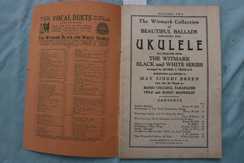 1926 UKULELE BEAUTIFUL BALLARDS SOFTCOVER BOOK - WITMARK COLLECTION - K 3378