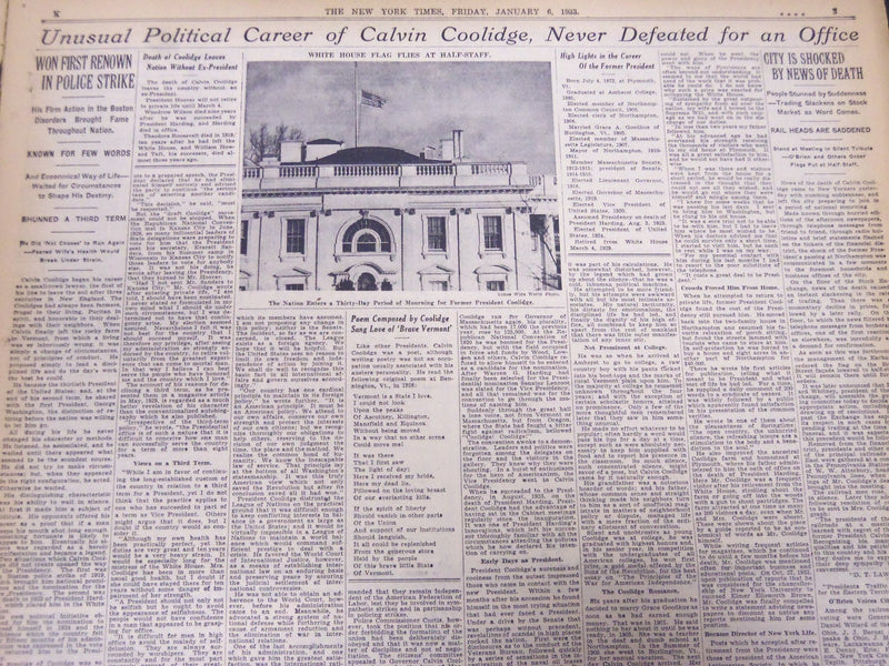 1933 JANUARY 6 NEW YORK TIMES - COOLIDGE DIES SUDDENLY IN HIS HOME - NT 5251