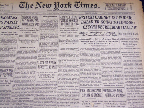 1938 SEPTEMBER 18 NEW YORK TIMES NEWSPAPER - CZECHS DECREE MARTIAL LAW - NT 2471