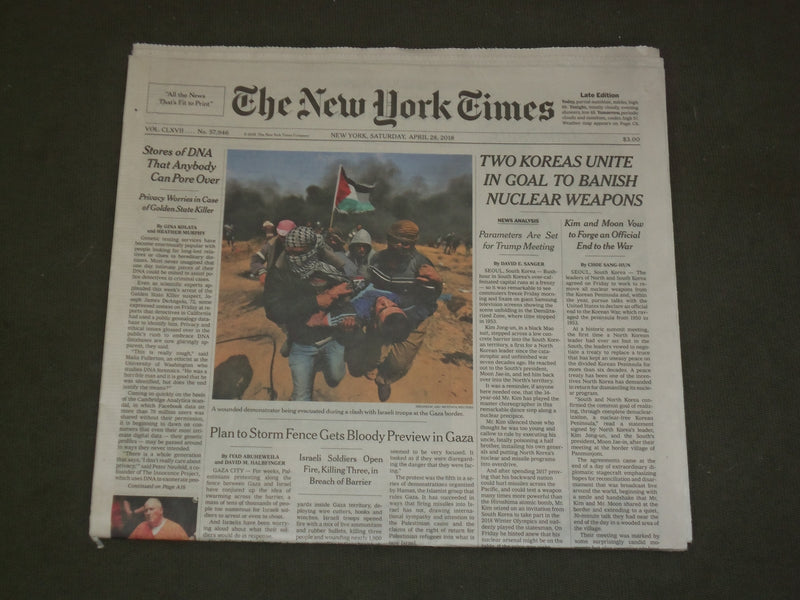 2018 APRIL 28 NEW YORK TIMES- TWO KOREAS UNITE IN GOAL TO BANISH NUCLEAR WEAPONS