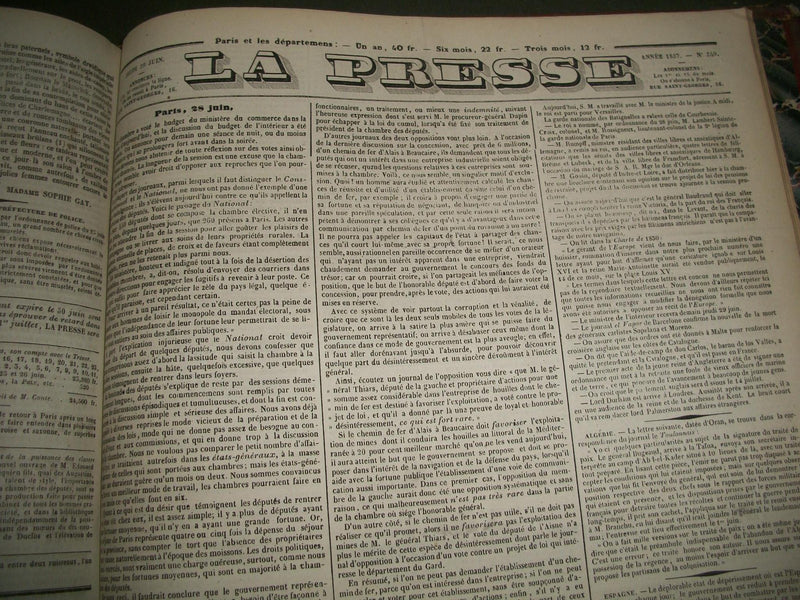 1837 JANUARY-JUNE LA PRESSE FRENCH NEWSPAPER BOUND VOLUME - SCIENCE - KD 1279I