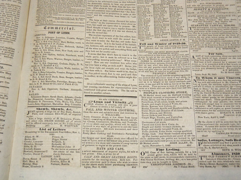 1849 NOVEMBER 9 LYNN NEWS NEWSPAPER - WIG NOMINATIONS - MASSACHUSETTS - NP 4252P