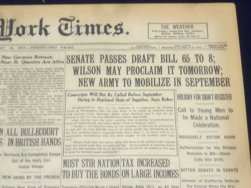 1917 MAY 18 NEW YORK TIMES - SENATE PASSES DRAFT BILL 65 TO 8 - NT 9155