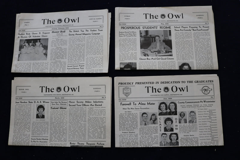 1949-1954 THE OWL NEWSPAPER - WESTMINSTER (MD) HIGH SCHOOL - LOT OF 48 - NP 8905