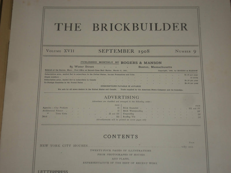1908 SEPTEMBER THE BRICKBUILDER MAGAZINE - NEW YORK CITY HOUSES - ST 258J