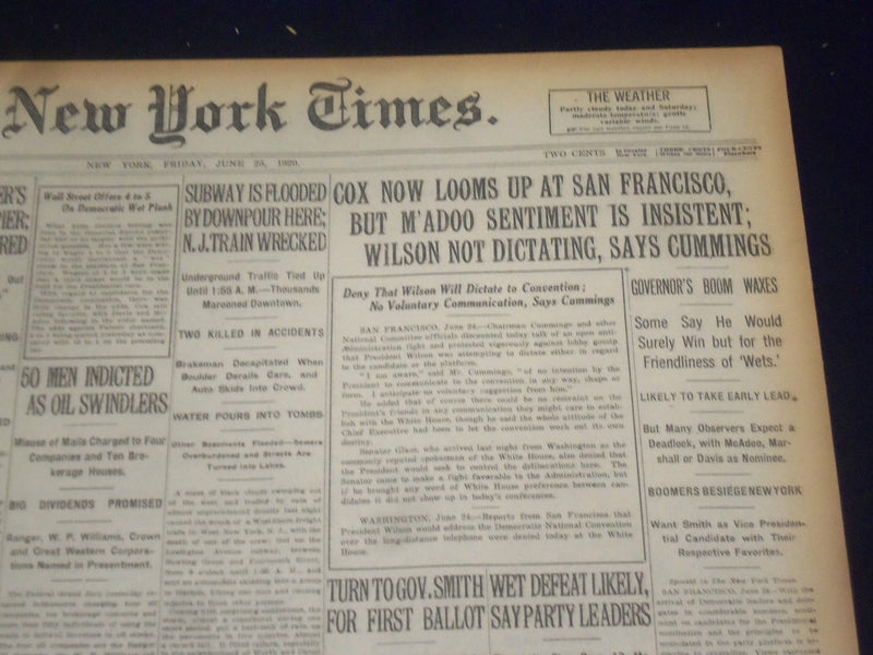 1920 JUNE 25 NEW YORK TIMES - COX NOW LOOMS UP AT SAN FRANCISCO - NT 9121