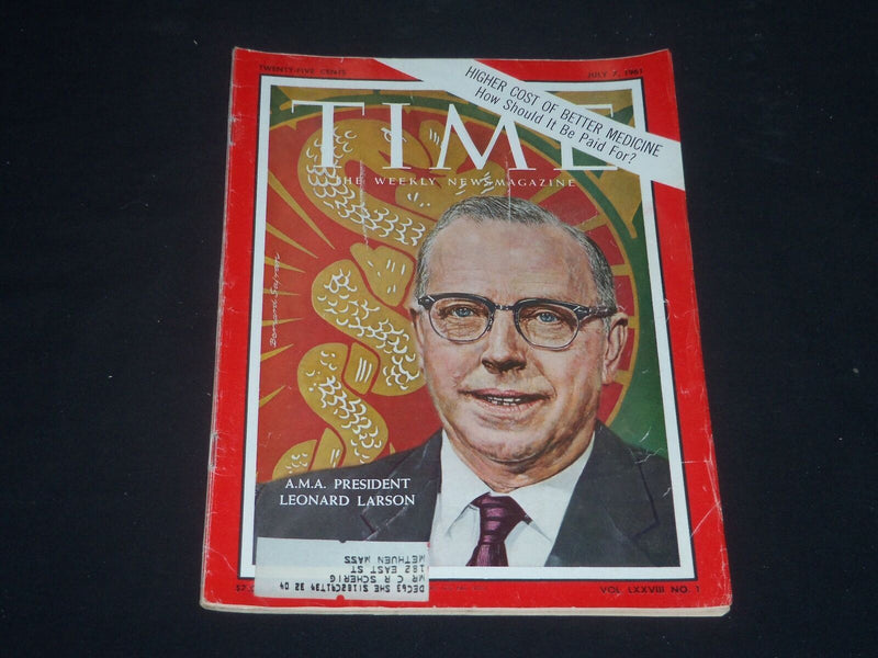 1961 JULY 7 TIME MAGAZINE - DR. LEONARD LARSON, A.M.A. PRESIDENT - T 1804