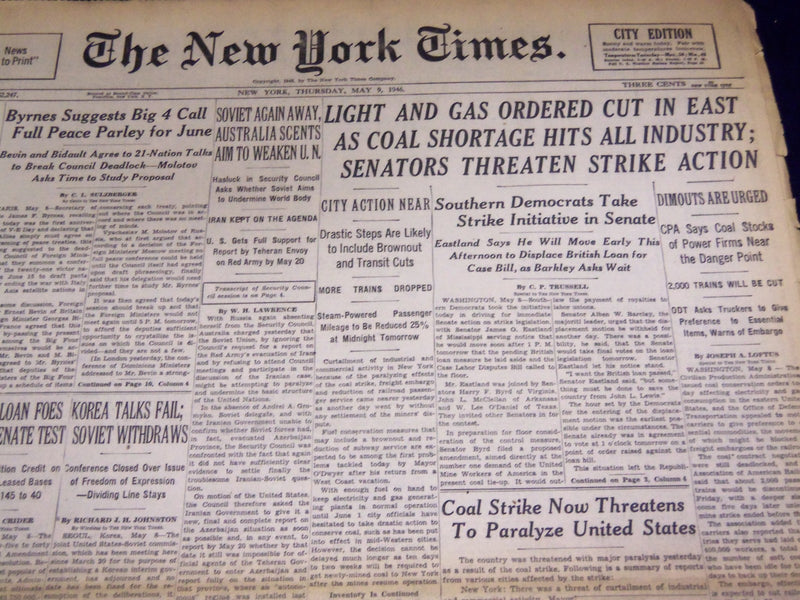 1946 MAY 9 NEW YORK TIMES - LIGHT & GAS ORDERED CUT IN EAST - NT 3241