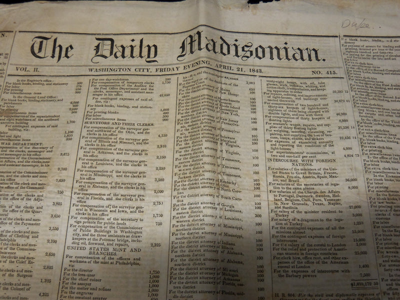 1843 APR 21 THE DAILY MADISONIAN NEWSPAPER - CLERK REPORT OF H. O. P. - NP 3877F
