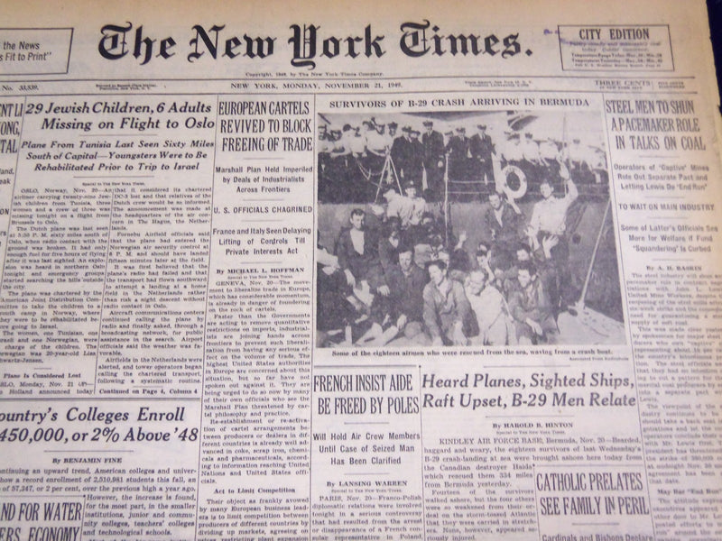 1949 NOVEMBER 21 NEW YORK TIMES - B-29 SURVIVORS IN BERMUDA - NT 3785