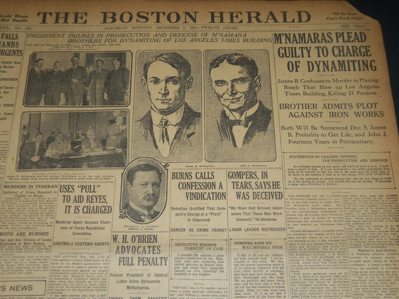 1911 DECEMBER 2 THE BOSTON HERALD - M'NAMARAS PLEAD GUILTY OF DYNAMITING- BH 190