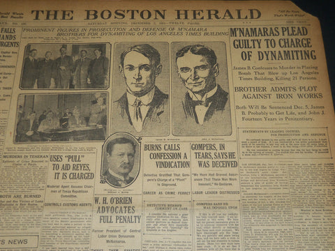 1911 DECEMBER 2 THE BOSTON HERALD - M'NAMARAS PLEAD GUILTY OF DYNAMITING- BH 190