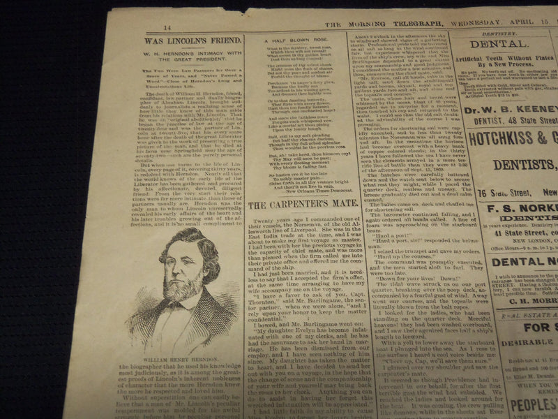 1891 APRIL 15 MORNING TELEGRAPH NEWSPAPER - LINCOLN'S DEATH 26TH ANNIV- NP 2152C