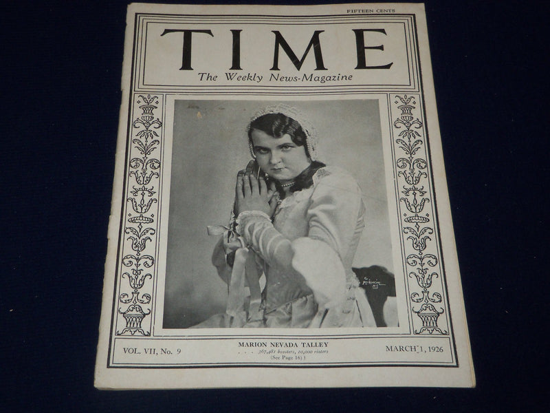 1926 MARCH 1 TIME MAGAZINE - MARION NEVADA TALLEY COVER - T 30