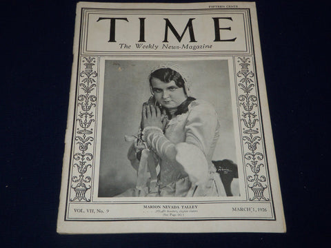 1926 MARCH 1 TIME MAGAZINE - MARION NEVADA TALLEY COVER - T 30