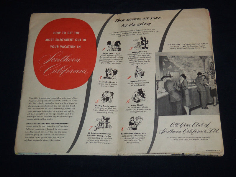 1949 SOUTHERN CALIFORNIA ALL YEAR CLUB SIGHT SEEING FOLD OUT MAP - J 8559