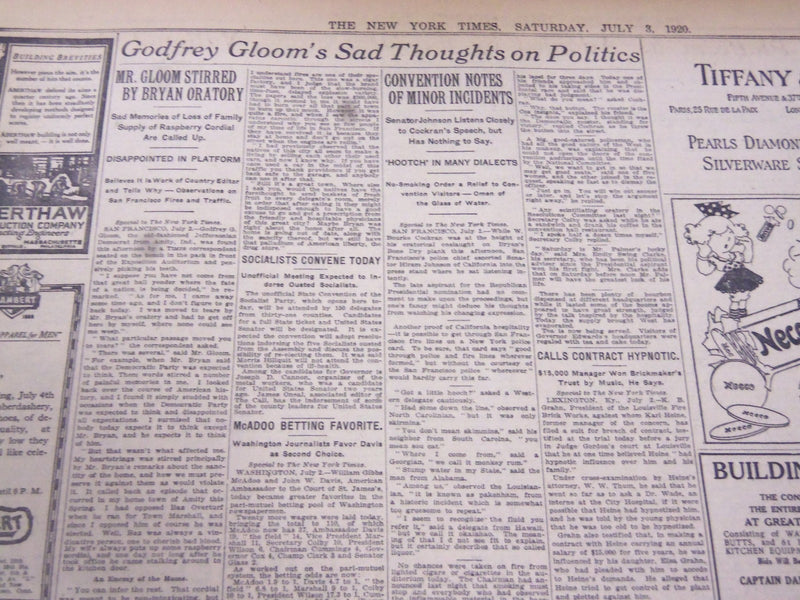 1920 JULY 3 NEW YORK TIMES - M'ADOO LEADS, 289 VOTES ON SECOND BALLOT - NT 5328