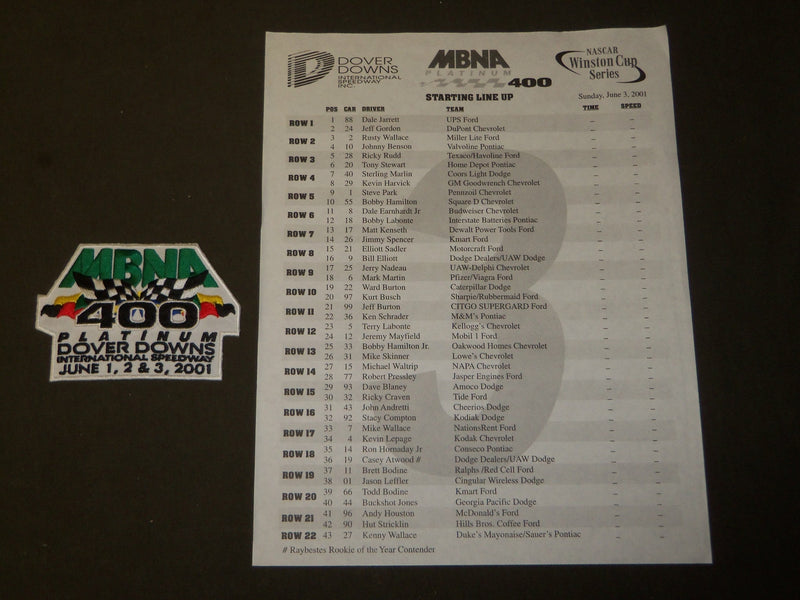 2001 MBNA 400 DOVER DOWNS INTERNATIONAL SPEEDWAY PROGRAM & PATCH - J 3793