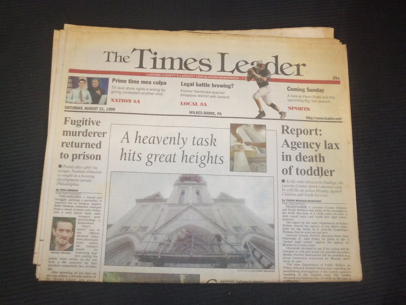 1999 AUGUST 21 WILKES-BARRE TIMES LEADER - MURDERER NORMAN JOHNSTON - NP 7476