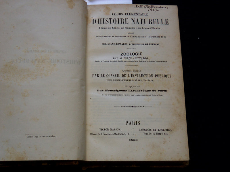 1850 COURS ELEMENTAIRE D'HISTOIRE NATURELLE FRENCH VOLUME - KD 7713