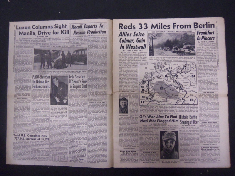 1945 FEB 3 NEW YORK DAILY MIRROR-REDS STORM FRANKFURT; 33 MI. TO BERLIN- NP 2223