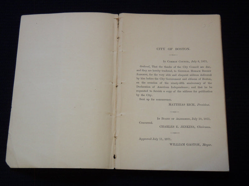 1871 CITY AUTHORITIES OF BOSTON ORATION BY HORAGE BINNEY SARGENT - J 7548