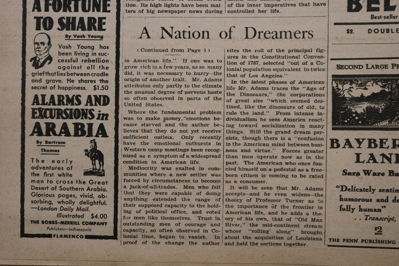 1931 OCT 4 NEW YORK TIMES BOOK REVIEW SECTION - JAMES TRUSLOW ADAMS - NP 9155