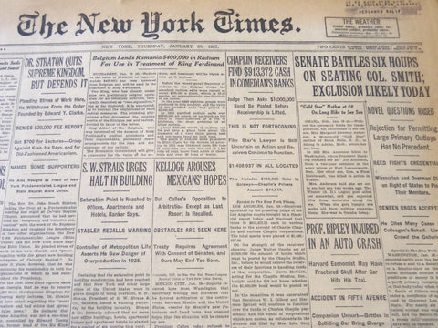 1927 JAN 20 NEW YORK TIMES - CHAPLIN RECEIVERS FIND $913,372 IN BANKS - NT 6369