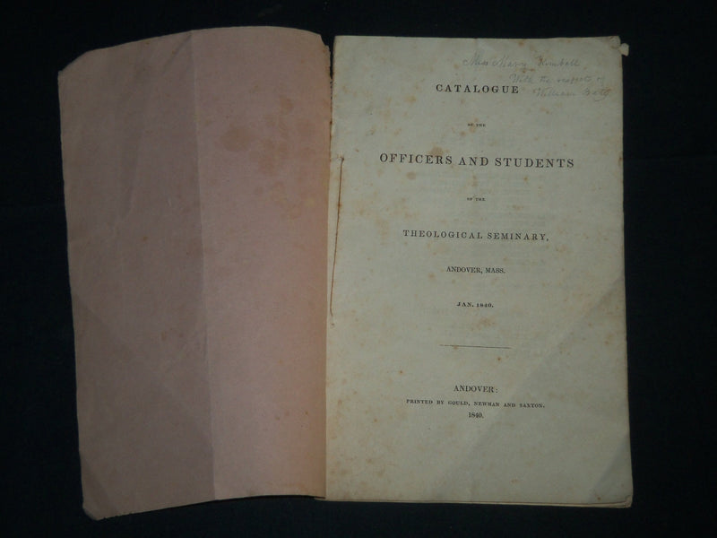 1839-1840 CATALOGUE OF THE THEOLOGICAL SEMINARY AT ANDOVER MASSACHUSETTS- J 4490