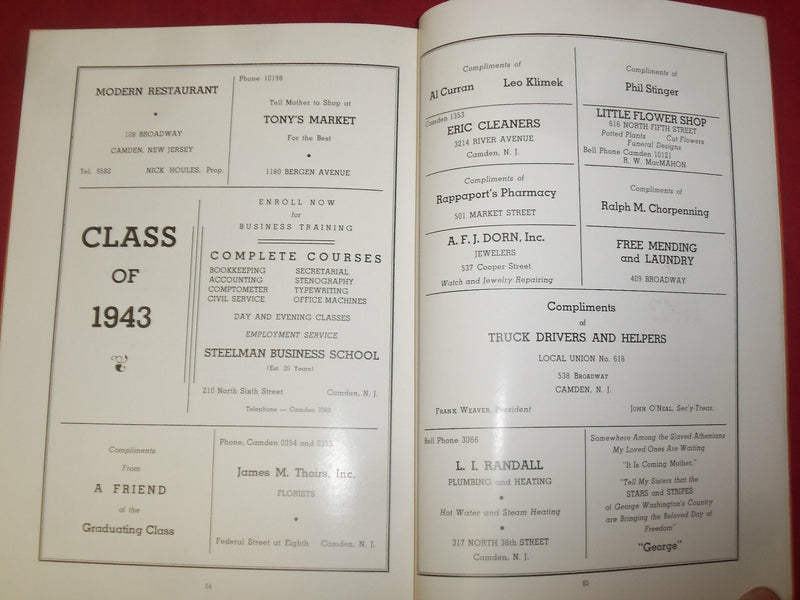 1943 THE ORANGE AND BLACK WOODROW WILSON HS YEARBOOK - CAMDEN, NJ - YB 1806