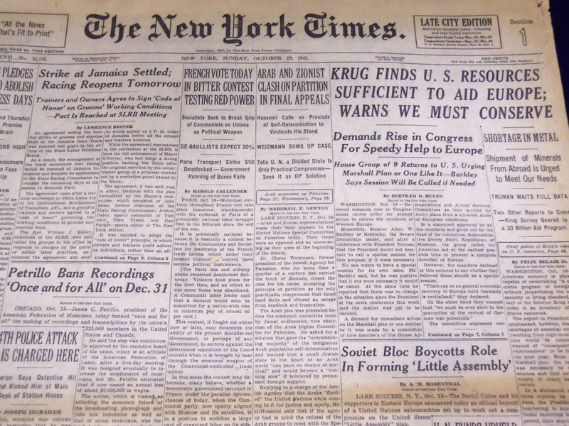 1947 OCTOBER 19 NEW YORK TIMES - ARAB & ZIONIST PARTITION CLASH - NT 3280