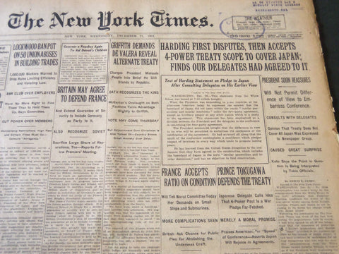 1921 DECEMBER 21 NEW YORK TIMES - HARDING ACCEPTS 4-POWER TREATY - NT 6145
