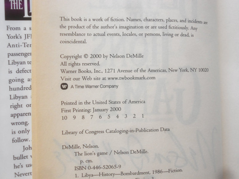2000 THE LION'S GAME HARDCOVER BOOK BY NELSON DEMILLE - SIGNED - KD 9314