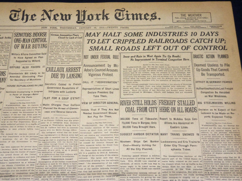 1918 JANUARY 16 NEW YORK TIMES - MAY HALT SOME INDUSTRIES 10 DAYS - NT 7925
