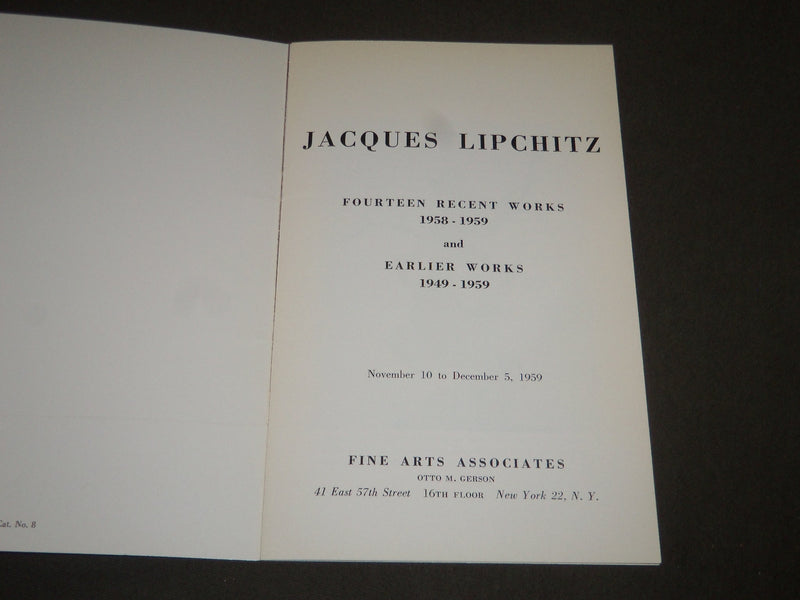 1959 NOV 10-DEC 5 JACQUES LIPCHITZ EXHIBITION SOFTCOVER BOOK - J 2281