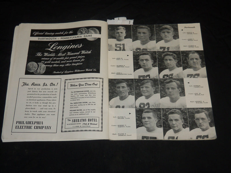 1945 OCTOBER 6 DARTMOUTH VS. PENNSYLVANIA COLLEGE FOOTBALL PROGRAM - J 5753