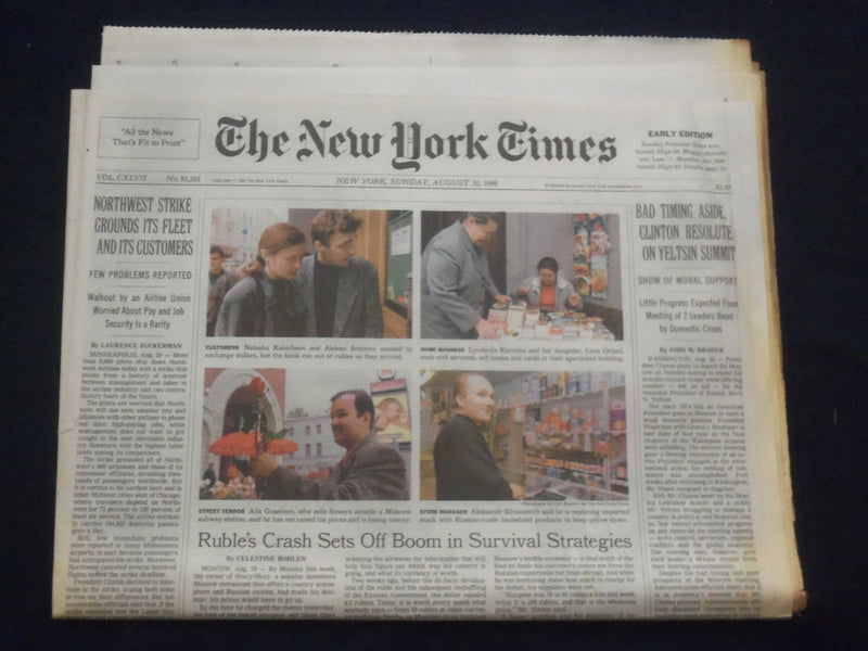 1998 AUG 30 NEW YORK TIMES NEWSPAPER-CLINTON RESOLUTE ON YELTSIN SUMMIT- NP 7134
