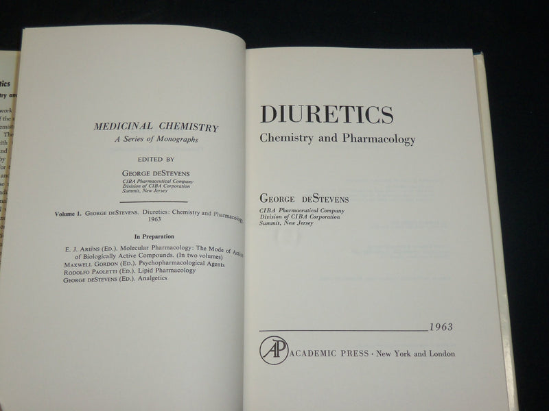 1963 DIURETICS CHEMISTRY AND PHARMACOLOGY BOOK BY GEORGE DESTEVENS - KD 2765F